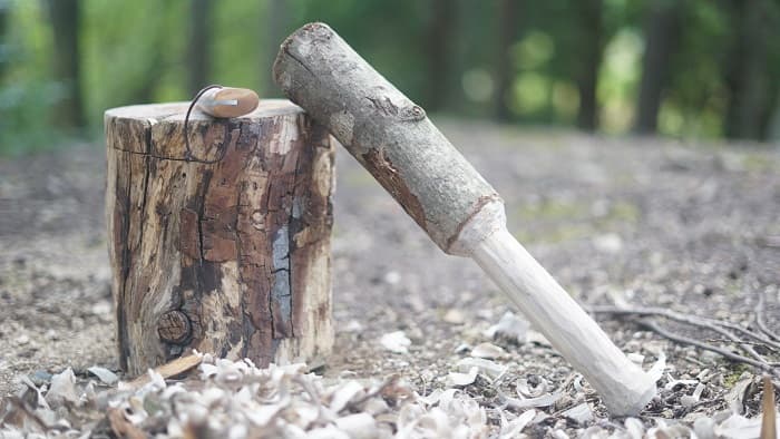 樫の木　持ち手付きコンパクト薪割り台　バトニング棒セット